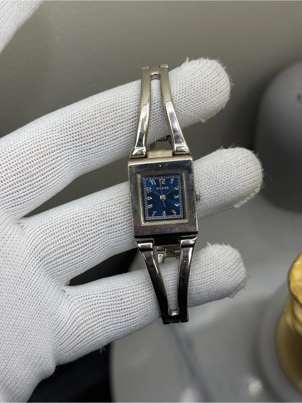Guess Silver-Tone Bracelet Watch with Blue Dial Womens